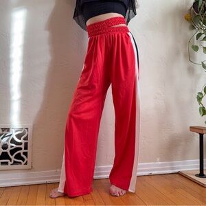 Red and white wide leg track pants with high-cut leg slits - XS